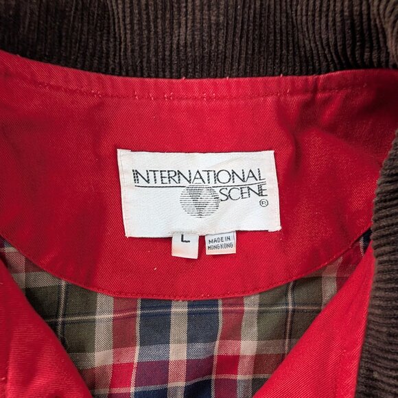 VTG Red Brown Corduroy Collar Cuff Sleeve Pocket Button Up Barn Coat Plaid Lined - Picture 7 of 8